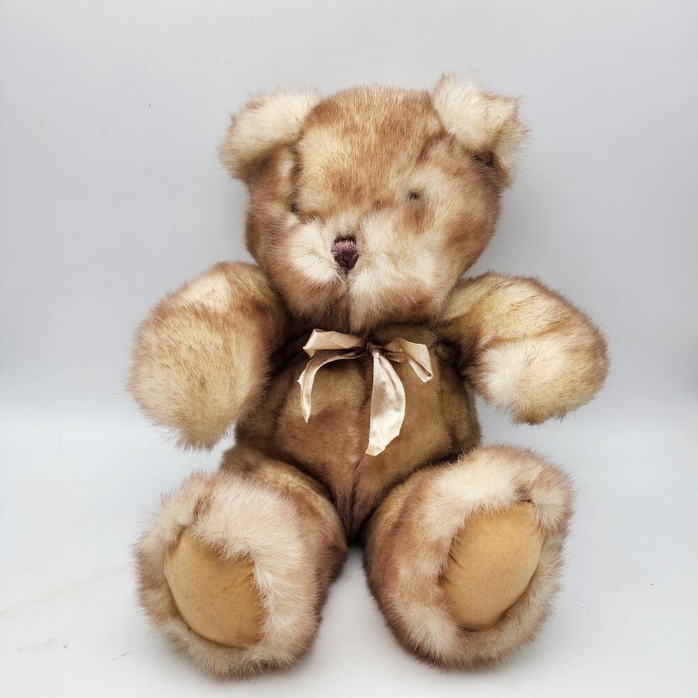 Vintage Walmart Teddy Bear Plush 12" Gold Bow Threaded Nose Hard Eyes Tan Feet